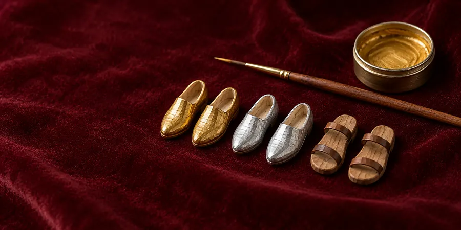 Winzige geschnitzte Schuhe für Krippenfiguren auf weinrotem Samt, zwei golden, zwei silbern, dazu zwei braune Sandalen, daneben ein Pinsel und eine Dose Goldfarbe (Illustration)